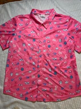 Barbie/Toronto Blue Jays collaboration; pink shirt with Barbie & Blue Jays logos